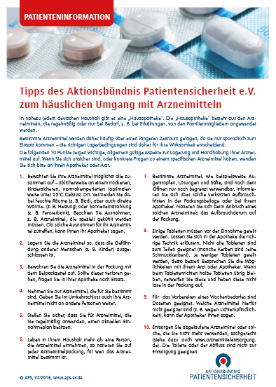 Tipps des APS zum häuslichen Umgang mit Arzneimitteln