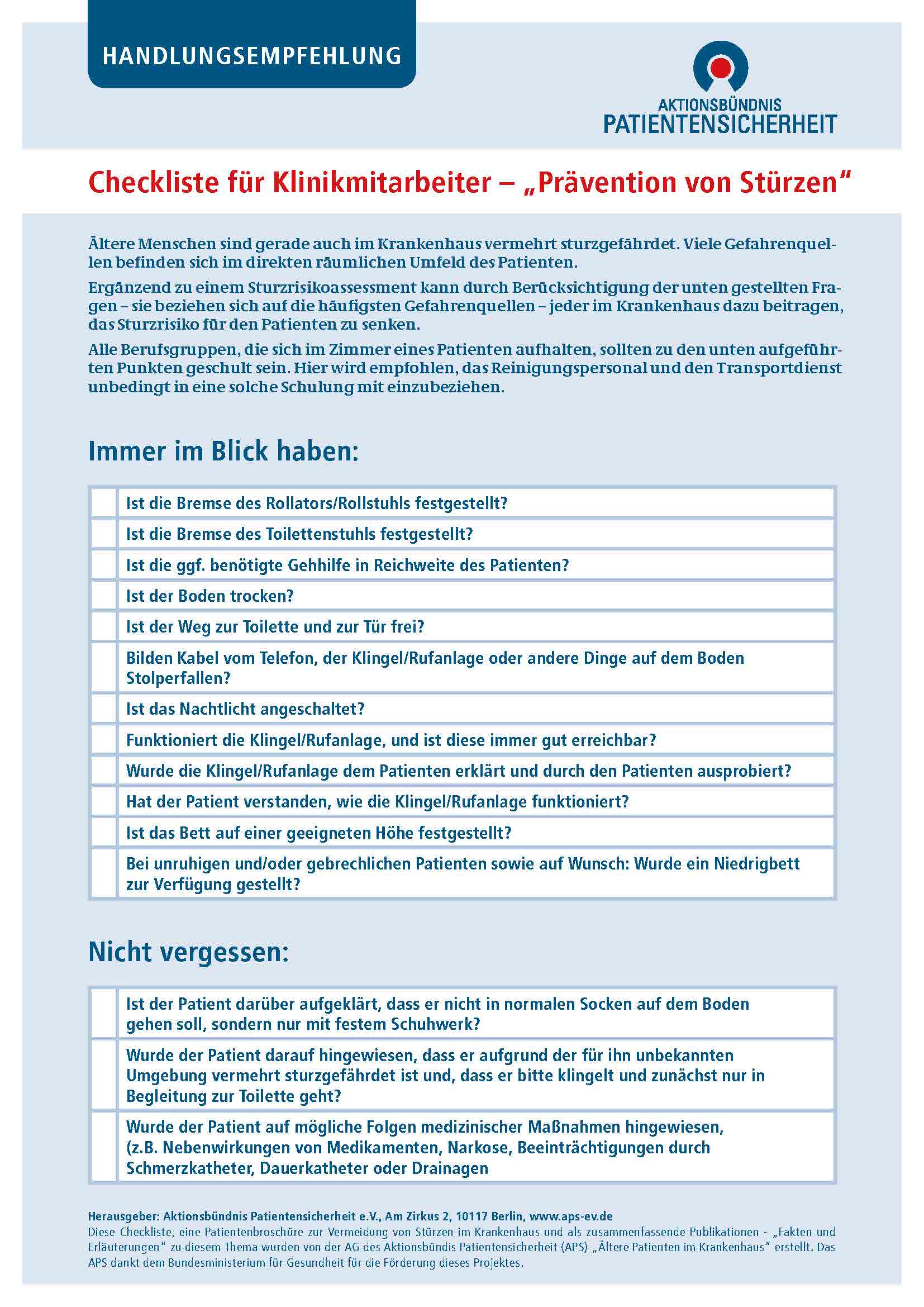 Checkliste für Klinikmitarbeiter – „Prävention von Stürzen“